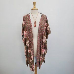 Angie Womens Open Front Boho Floral Kimono Cardigan Small Pink Brown Cottagecore